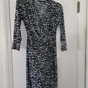 Black Long-Sleeve Wrap Dress with White and Teal Dot Print